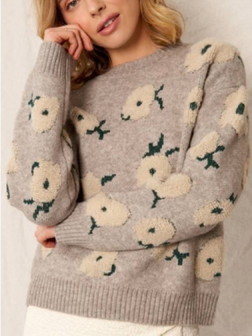 En Créme Taupe Floral Crewneck Sweater with Cream Blooms